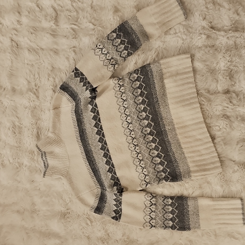 Max Studio Ivory Gray Nordic Fair Isle Patterned Turtleneck Soft Sweater Women M